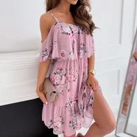 summer pink short dress women off shoulder flower print dress casual spaghetti strap floral dress female elegant party vestidos