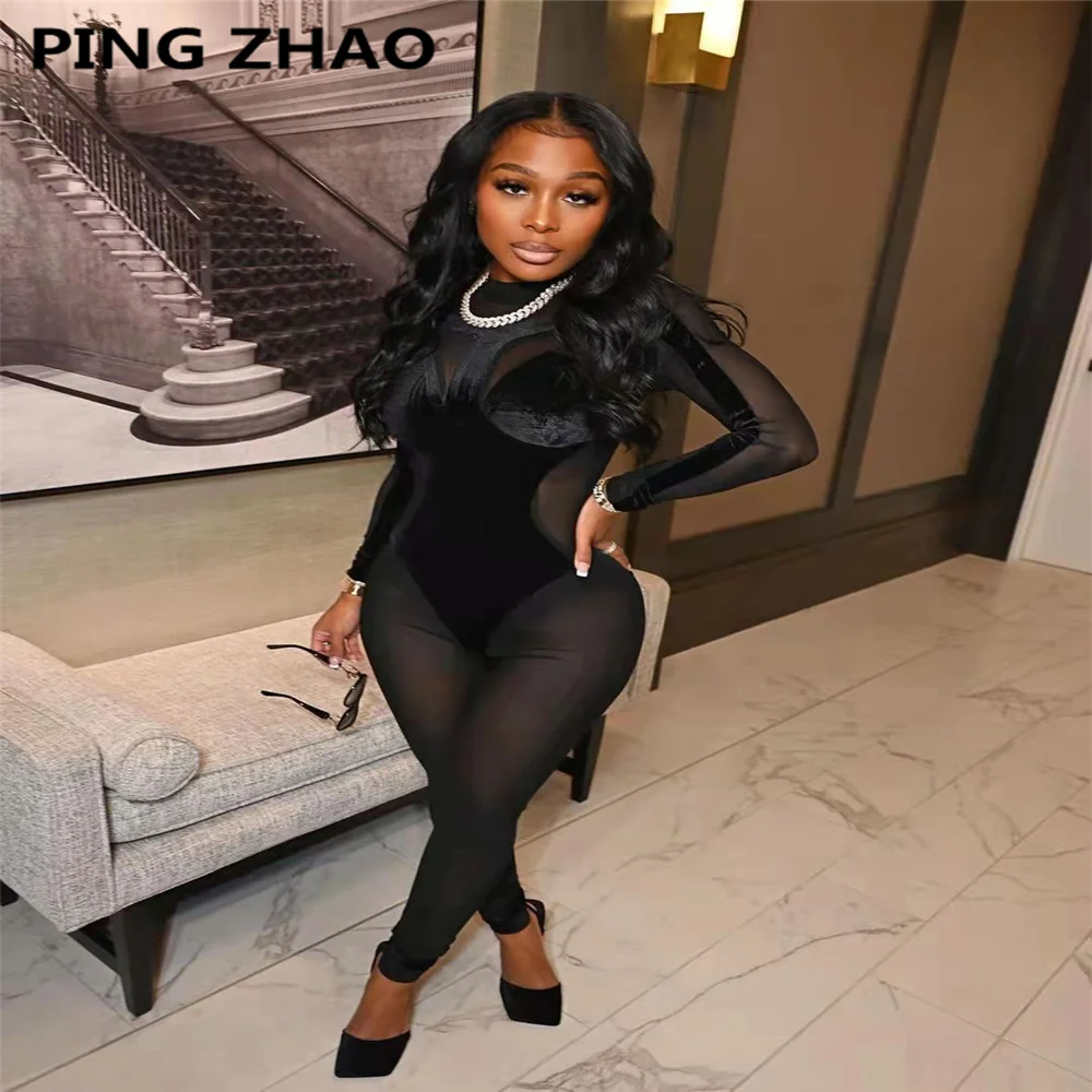 

PING ZHAO Mesh Velvet Patchwork See Though Jumpsuit for Women Streetwear One Piece Overall Bodycon Rompers