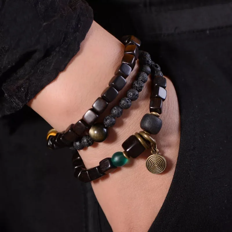 Handmade Multilayer Natural Lava Stone Bracelet Men Black Sanders Ebony Bracelet Women Spiritual Bracelets Gift For Him AT-04