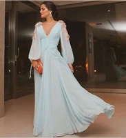 elegant long sleeve chiffon evening dress 3d flowers sexy deep v neck open back plus size a line prom dresses pleated party gown