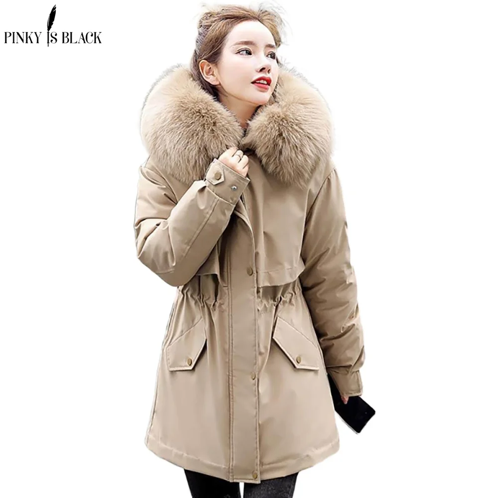 

PinkyIsBlack New Women Long Winter Jacket Cotton-Padded Thick Drawstring Parkas Fur Liner Warm Casual Hooded Winter Coat Female