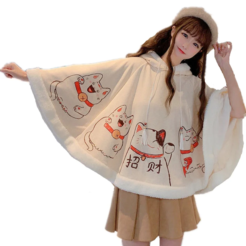 2021 Spring Autumn Cloak Harajuku Kawaii Ears Hooded Outwear Japanese Lucky Cat Fleece Cape Loose Pullover Batwing Sleeve Top