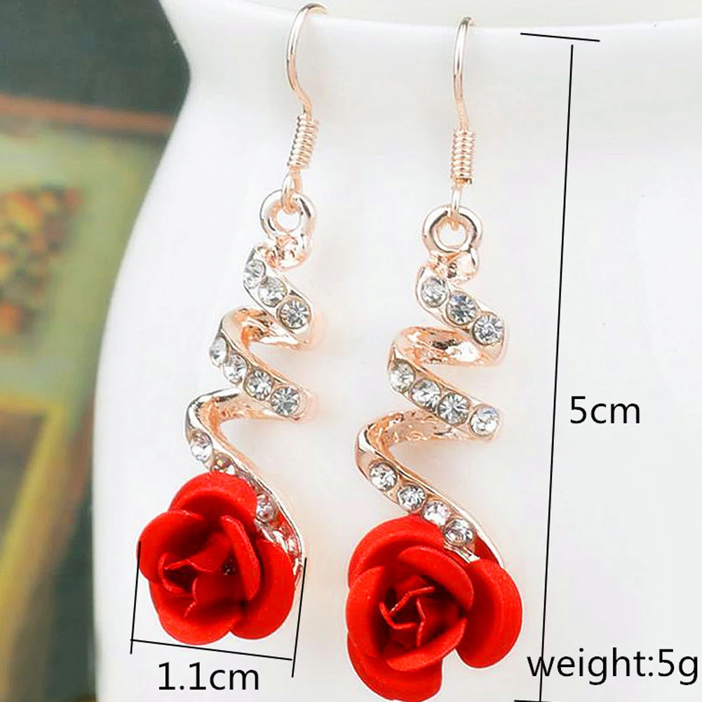 

2021 Fashion Jewelry Ethnic Red Rose Drop Earrings Big Rhinestone Earrings Vintage For Women Rose Gold Spiral Dangle Earring