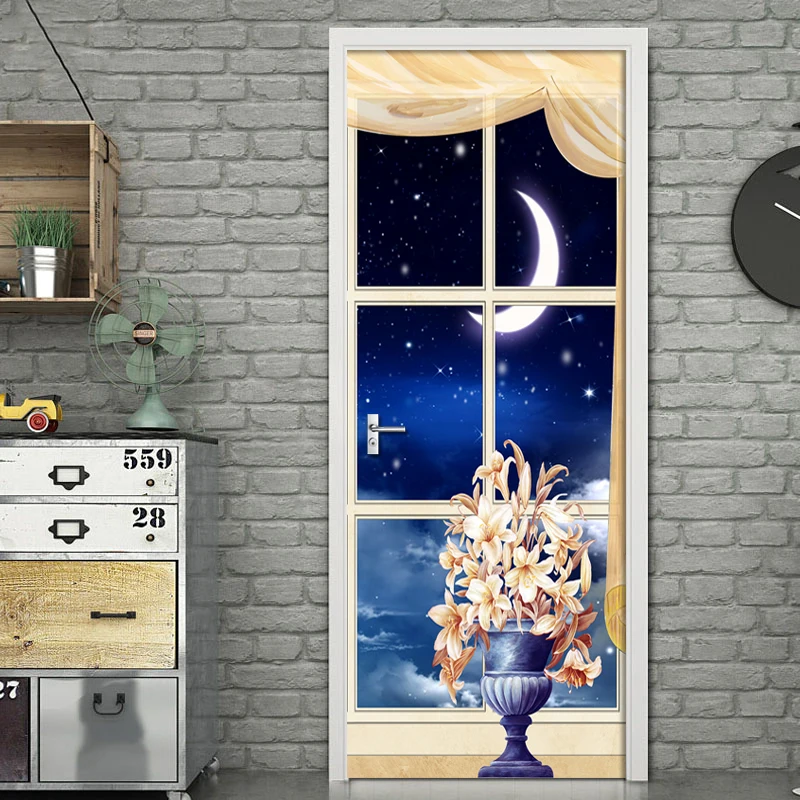 DIY дверь стикер ПВХ водонепроницаемый самоклеющиеся Звездное Окно Луна 3D обои