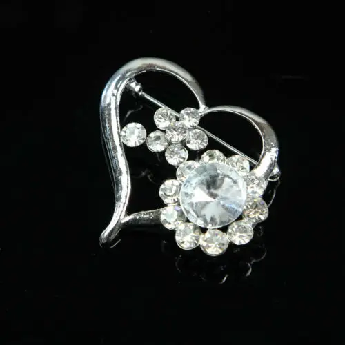 Heart Wedding Party Bouquet Broach Pin Diamante Clear Crystal Rhinestone Brooch |