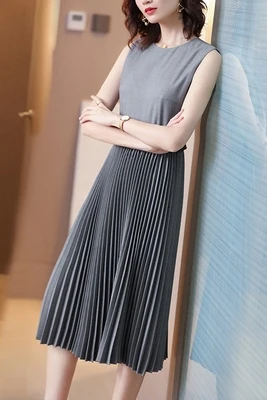 

Sleeveless Pleated Dress Women 2020 Korean Elegant Vintage Sashes Yellow Dress Fashion Sun Dresses Ladies Ruched Woman Clothes