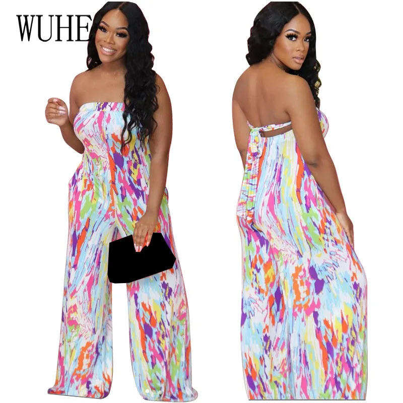 

KEXU Digital Print Loose Jumpsuits Sleeveless High Waise Sexy Off Shoulder Backless Lace Up Casual Sports Streetwear Overalls
