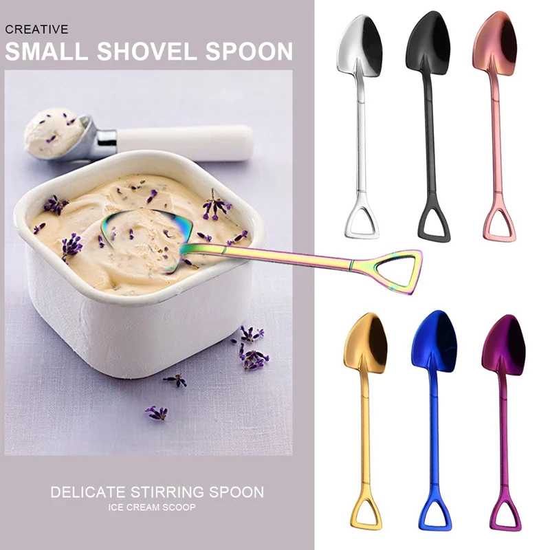 

NEW-2 Pcs Creative Stainless Steel 304 Small Shovel Spoon Design Gold-Plated Tableware Coffee Spoon Rose Gold & Blue