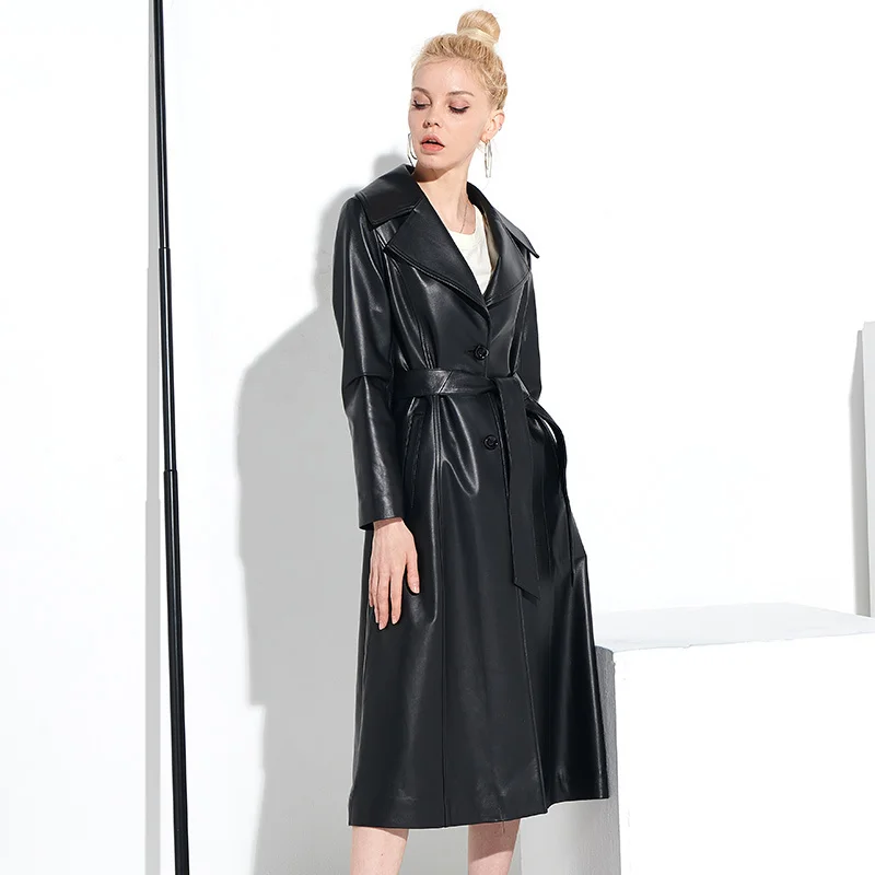 

SHZQ 2020 Новое Женское пальто из натуральной кожи средней длины из овечьей шкуры однотонная кожаная ветровка приталенная осень и зима