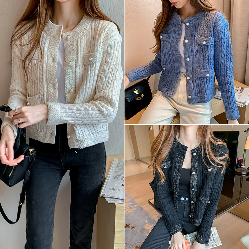 

Korean Elegant Women O-Neck Knitted Cardigans Single-Breasted Slim Twisted Sweater Female Autumn And Winter O-Neck Outwear Tops