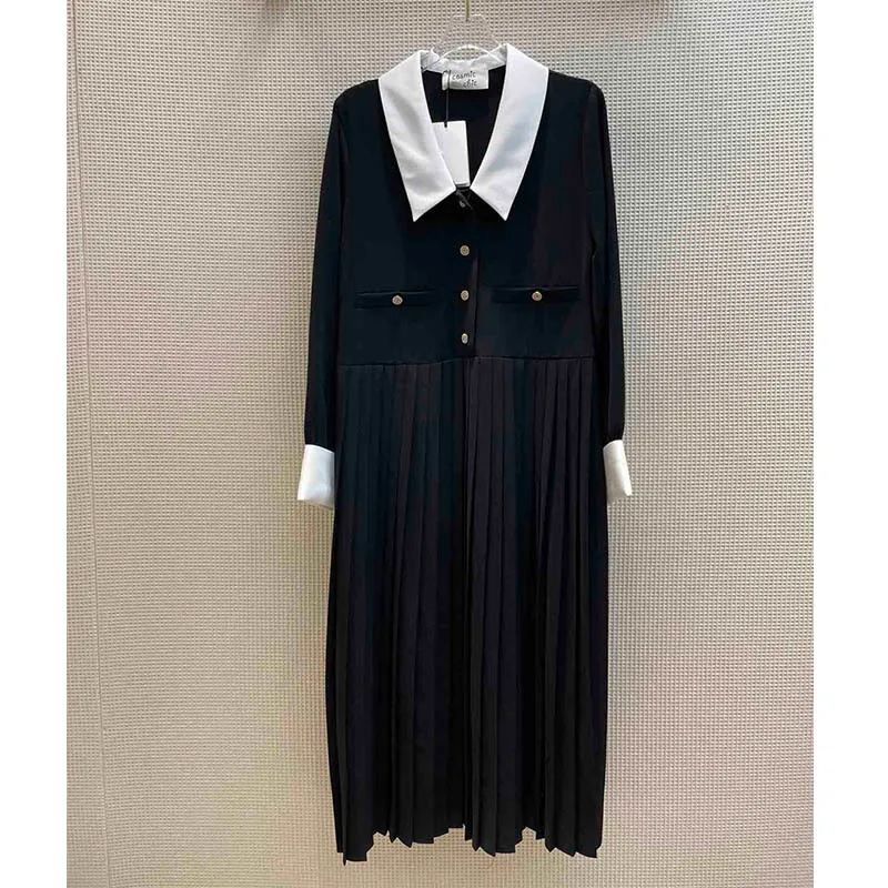 

Atheflow Autumn Women Black Elegant Dress Vintage Long Sleeve Pleated Patchwork Dress Runway Design Luxury Midi Party Dresses