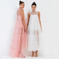 pukguro a line evening dress tulle tiered elegant illusion womens formal party gowns high neck sleeveless casual vestidos