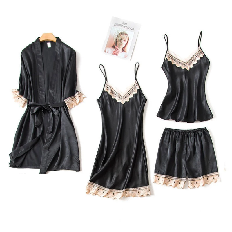 

Комплект пижамный Женский, из 4 предметов, атласный, кружевной