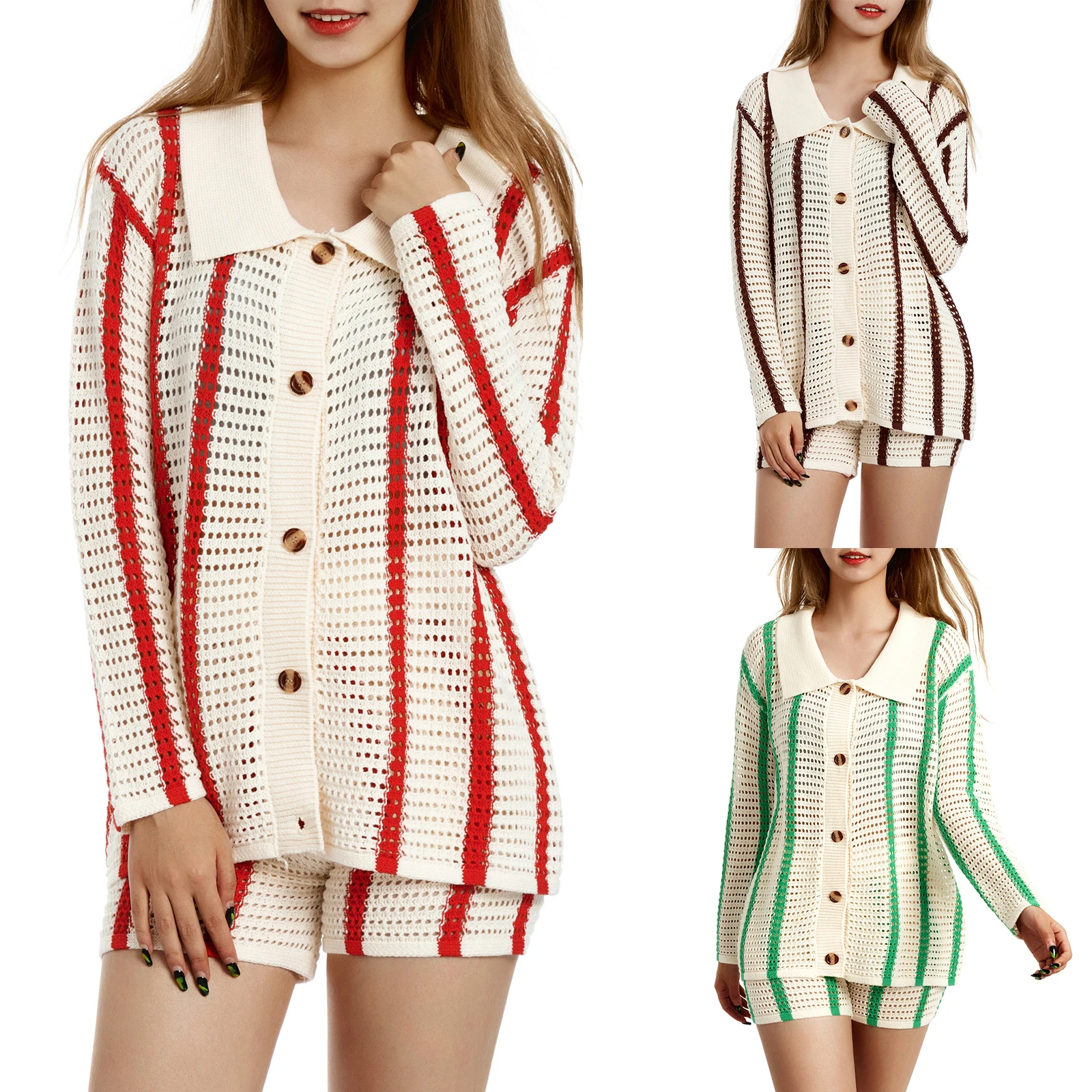 

Women Striped Knitted Button Cardigan Sweater Loose Version Street Style High Waist Shorts Short Pants Fall Spring Clothing 2021