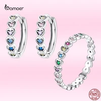 bamoer rainbow heart silver ringsearrings genuine 925 sterling silver clear cz earrings for women fine wedding jewelry sets