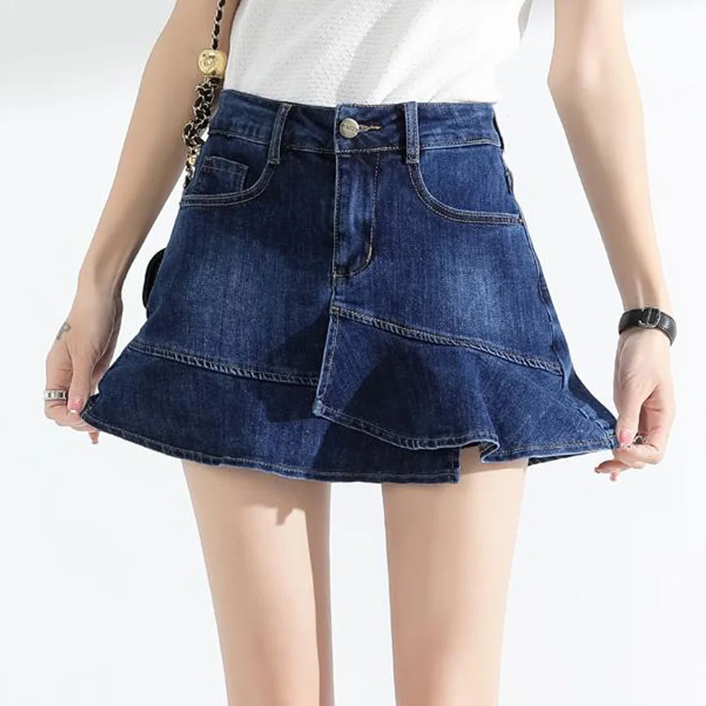 

Women Ruffles Frayed Denim Shorts Skirts High Waist Bodycon Jeans Short Pants Bottoms