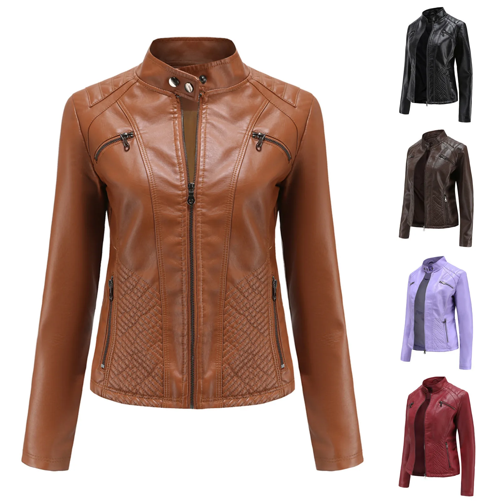 

Women Fashion Embossing Short Stand Collar Slim Coats Motor Solid Jacket Classic Zipper Biker Punk Outerwear