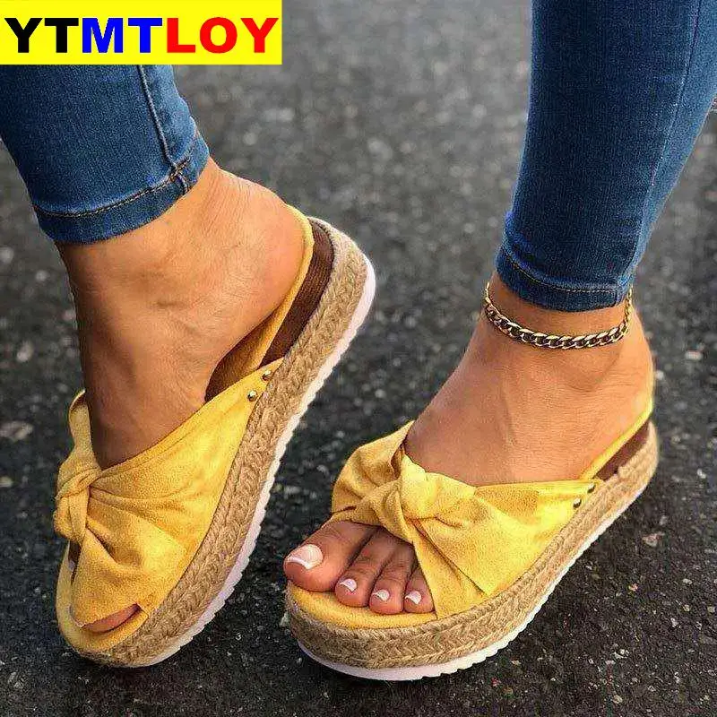

Women Slippers Slides Butterfly Knot Flock Ladies Platform Flat Shoes Woman Sandals Comfortable Casual Fashion Female 2020 Hot