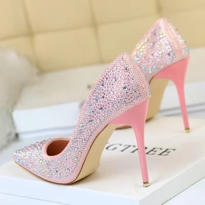 Стеклянные туфельки Золушки С острым носом на высоком тонком каблуке 7/10 см с