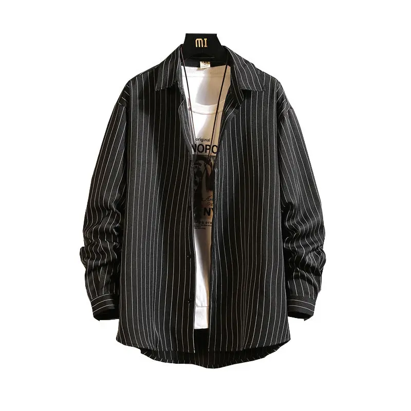 Мужская гавайская рубашка в полоску однотонная серая Модная с длинными рукавами