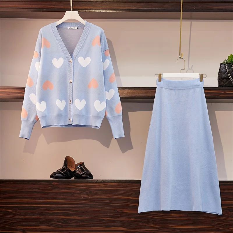 Женский вязаный кардиган с v образным вырезом и юбка высокой талией комплект