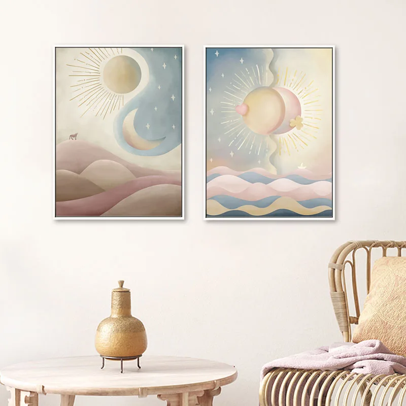 

Nordic Abstract Sun and Moon Canvas Painting Pink Blue Ocean Waves Sky Landscape Wall Art Posters and Prints Modern Home Decor