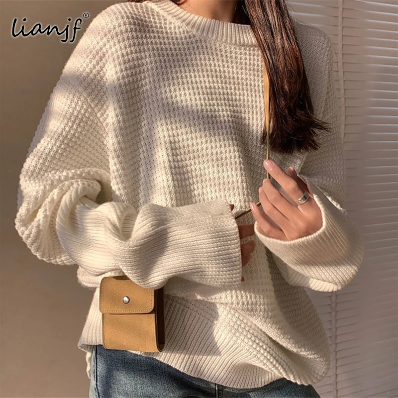 

New Vintage Elegant Solid Knitted Sweaters Women O Neck Basic Oversized Sweater Autumn Winter Long Sleeve Crop Top Funky Sweater