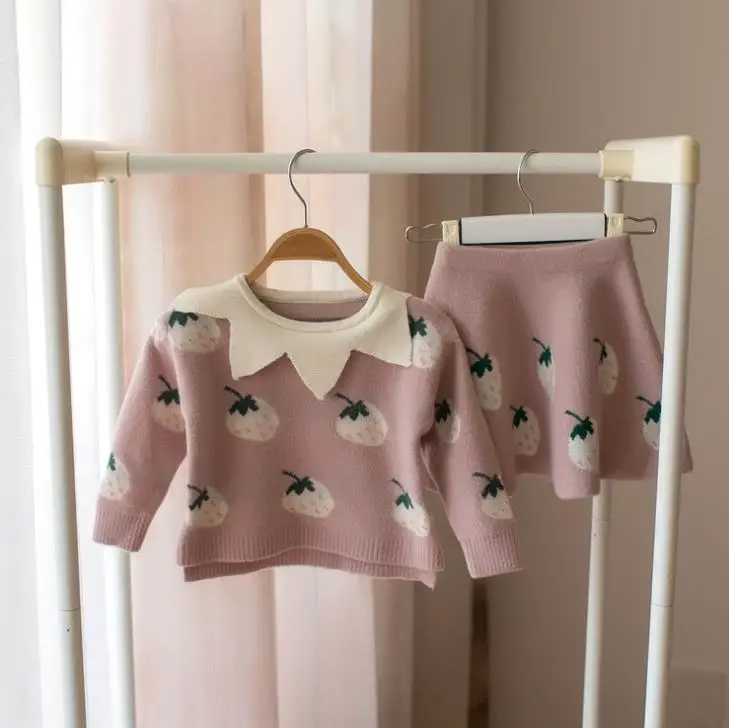 pink color Зимний комплект одежды для маленьких девочек, корейский вязаный свитер для маленьких девочек, милый костюм детский пуловер, верхняя одежда, юбка, комплект из 2 предметов - Цвет: pink color