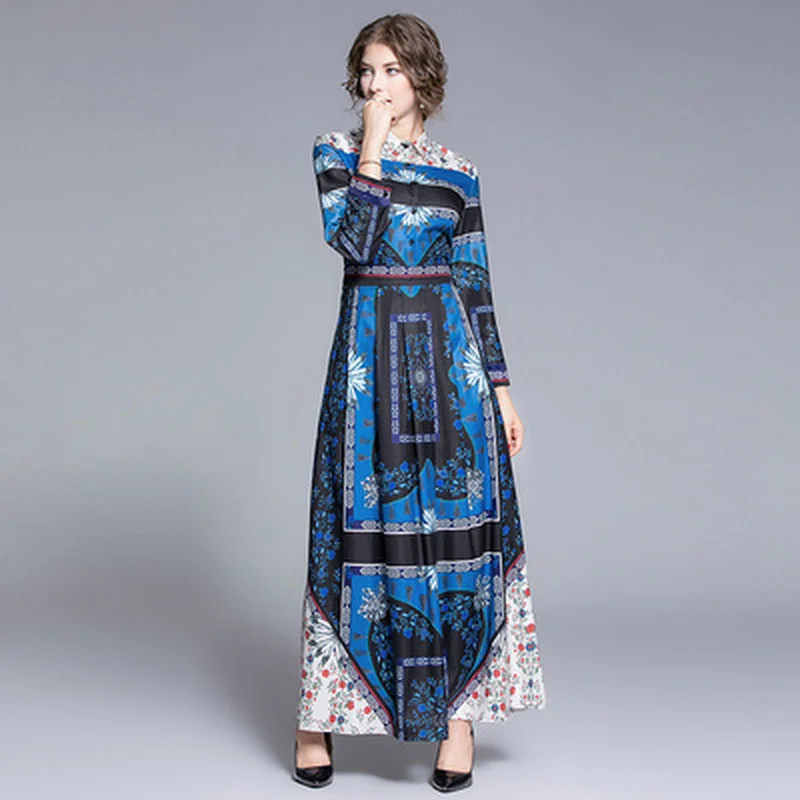 Женское платье с длинным рукавом модельное дизайнерское синее большого размера