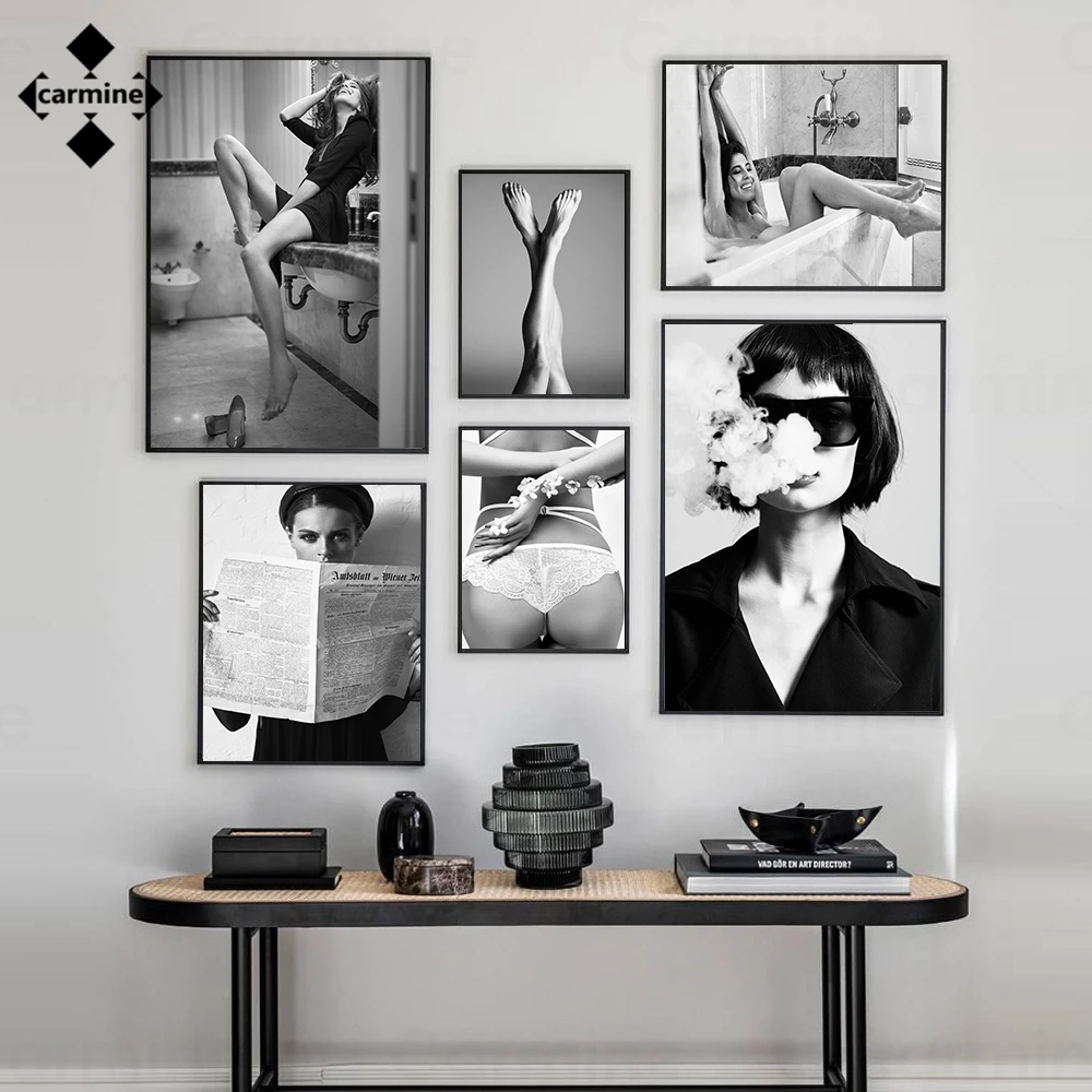 

Smoking Girl Wall Art Canvas Painting Fashion Sexy Lace Butt Nordic Posters and Prints Black White Wall Pictures for Living Room