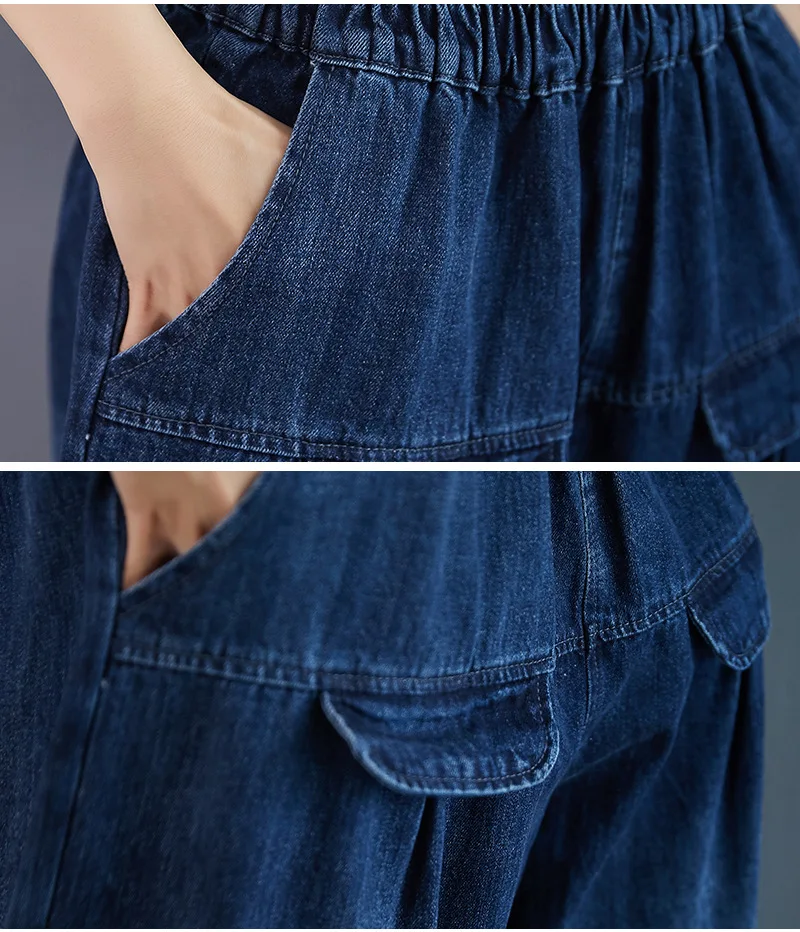 

2021 New Ladies Harlan Retro Nine-point Jeans Spring And Summer Big Pocket Elastic Band Casual Streetwear Solid Color