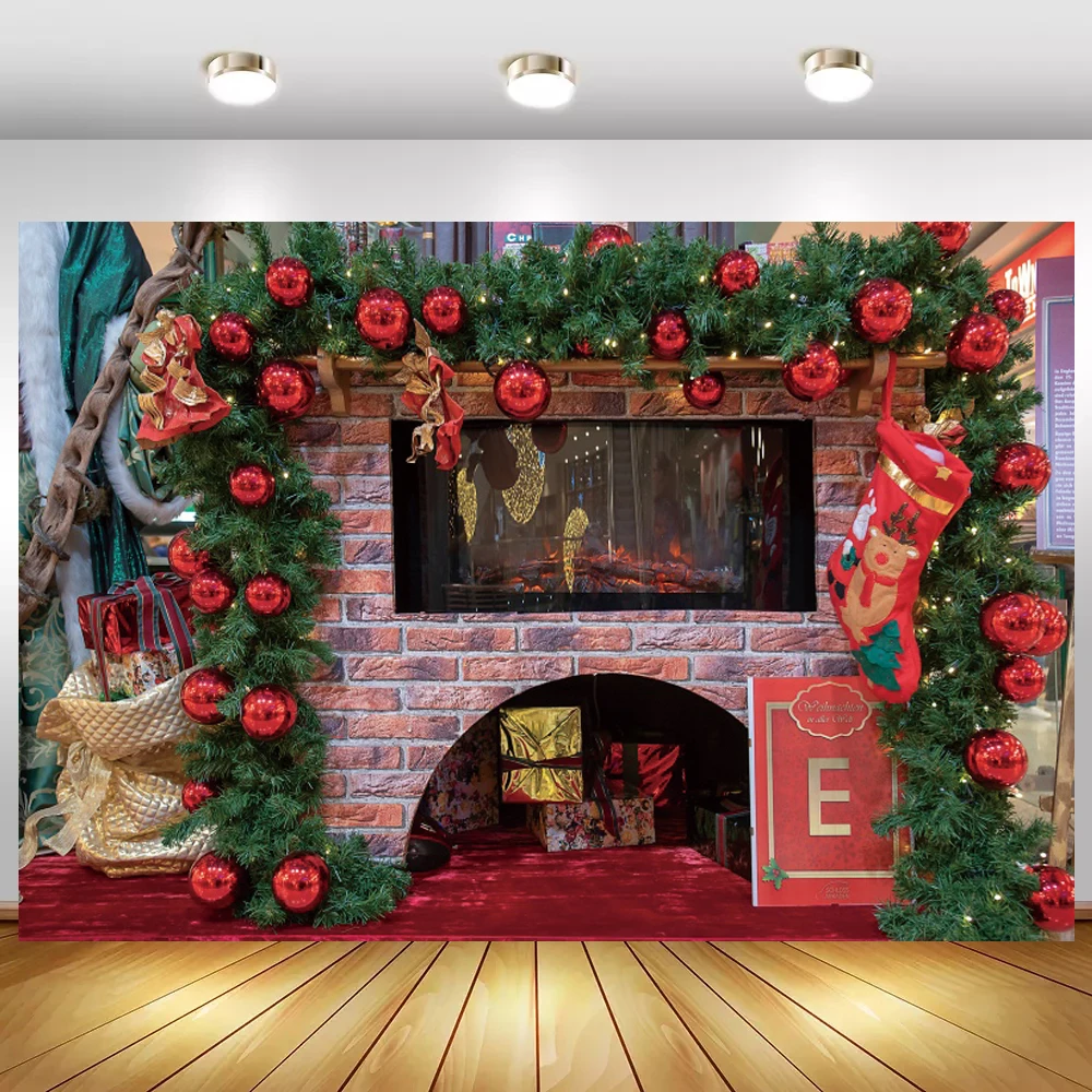 

Red Brick Fireplace Baby Shower Photo Background Christmas Wreath Pine Leaves Kids Birthday Portrait Interior Room Backdrops