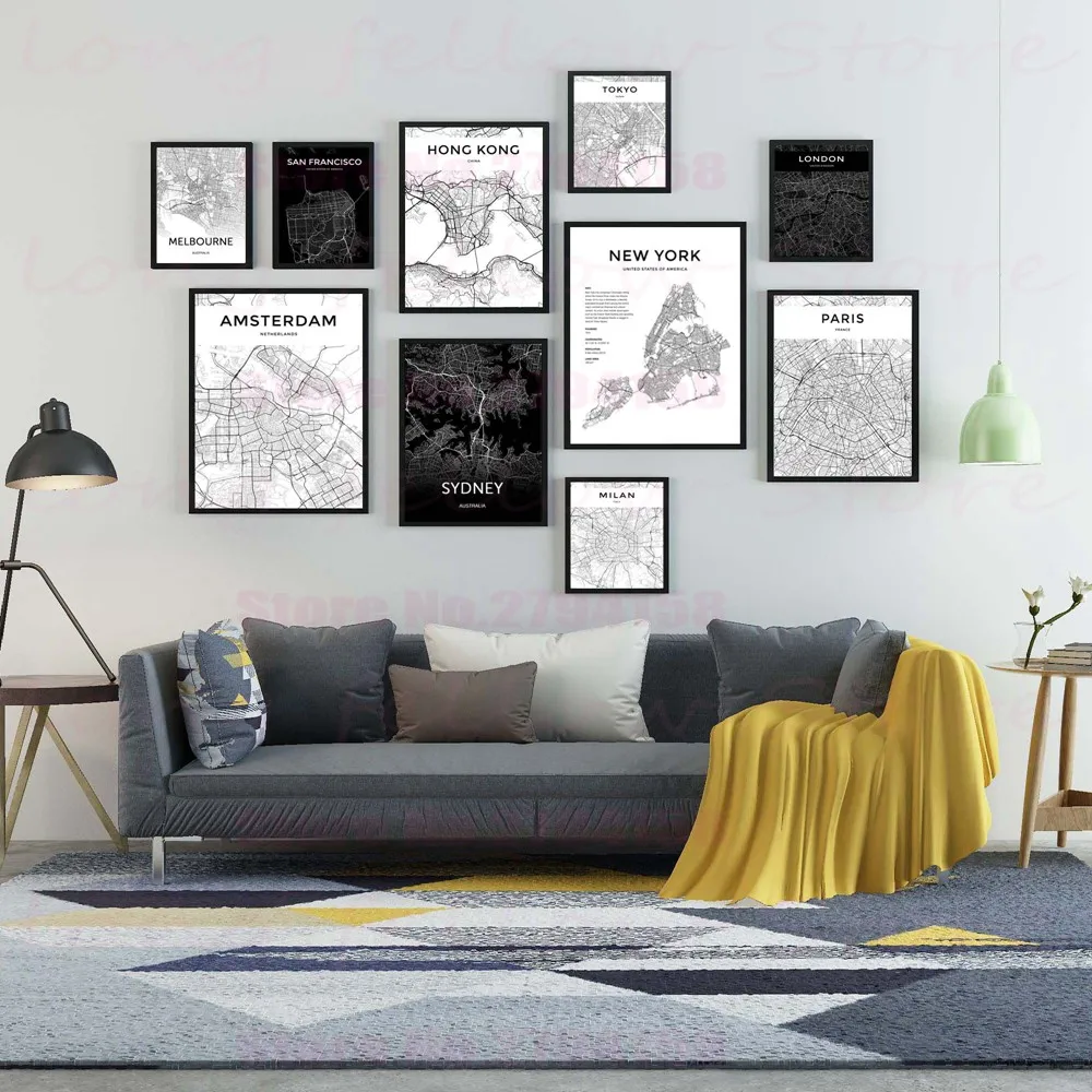 Черно белая карта города скандинавский плакат печать Жикле Амстердам Нью Йорк