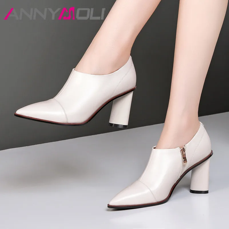 

ANNYMOLI Women Pumps High Heels Natural Genuine Leather Block High Heels Shoes Cow Leather Zip Pointed Toe Shoes Lady Size 33-39