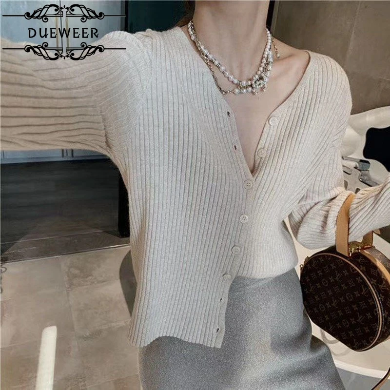 

DUEWEER Cardigan Knitted Sweaters Women V-neck Solid Simple Fashion All-match Open-stitch Casual Slim Elegant Vintage Chic