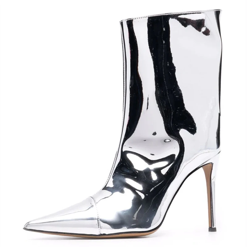 Custom Color Mirror Leather High Heels Women Ankle Boots Pointed Toe Sexy Booty for Ladies Slip-on Big Size 43