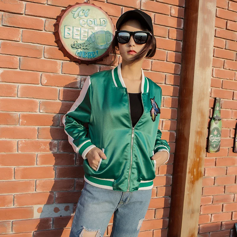 2018 весна осень Женская Повседневная бейсбольная куртка Вышивка синяя с длинным