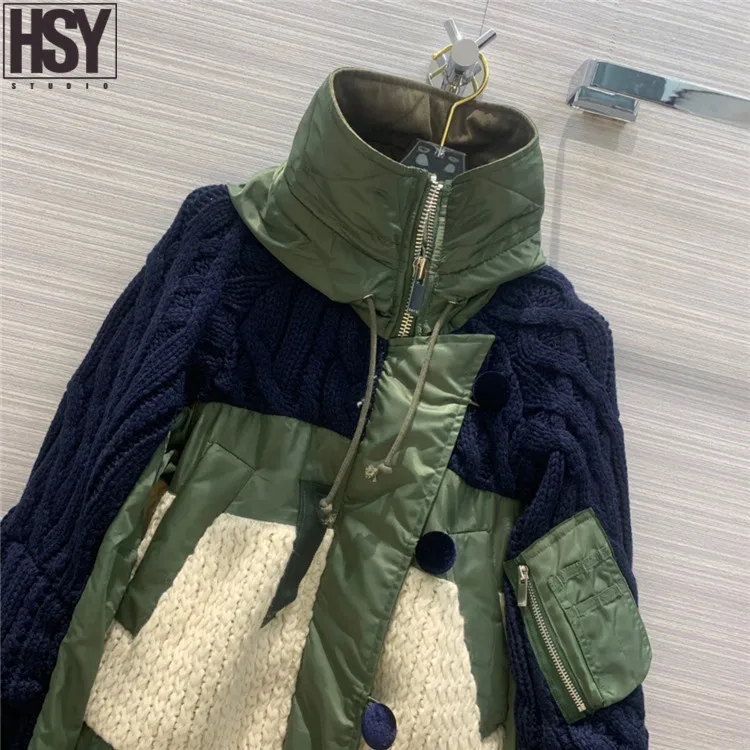 【HSY】2019 Осень Зима Новая Женская Лоскутная куртка мешковатая грубая вязаная