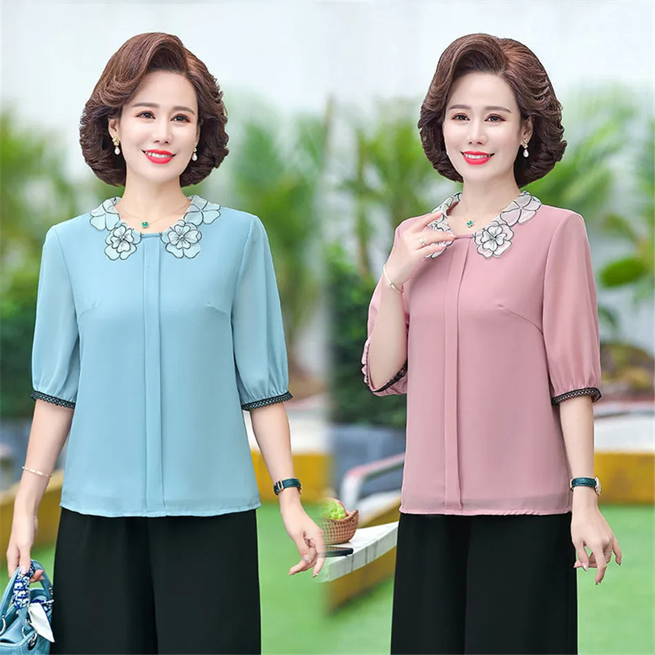 Блузка женская шифоновая с вышивкой элегантная повседневная Однотонная рубашка