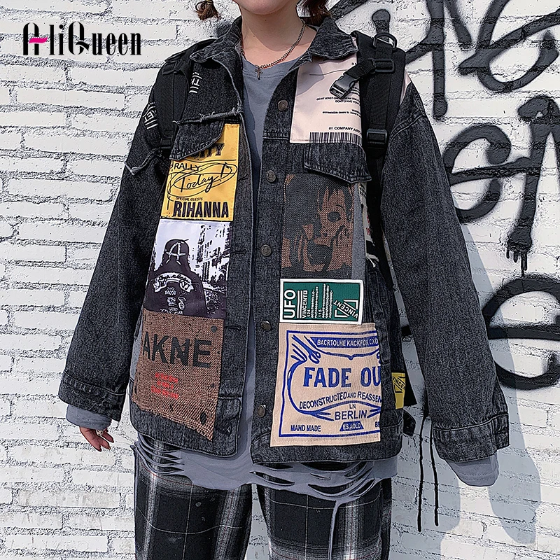 Женская джинсовая куртка Harajuku черная Повседневная Свободная в стиле хип-хоп с