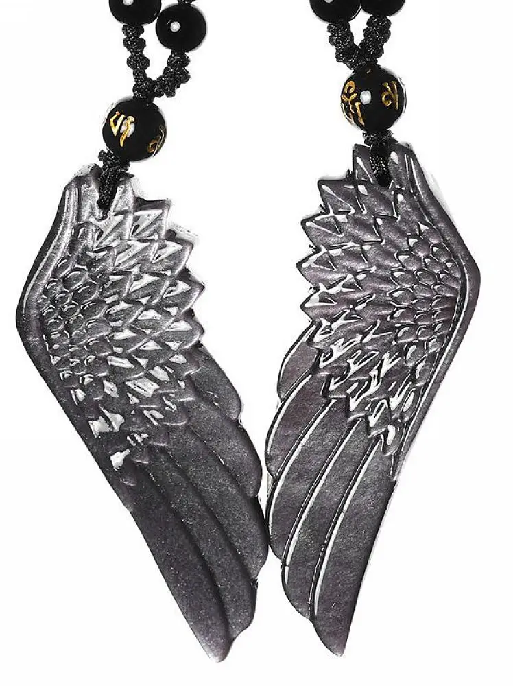 

Silvery Obsidian Crystal angel wing Amulet Pendant Necklace with Bead Chain for Wen or Women