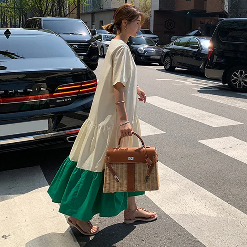 

Johnature Summer New Korean Patchwork Loose Dress For Women 2022 O-neck Short Sleeve Casual Pockets Female Dresss
