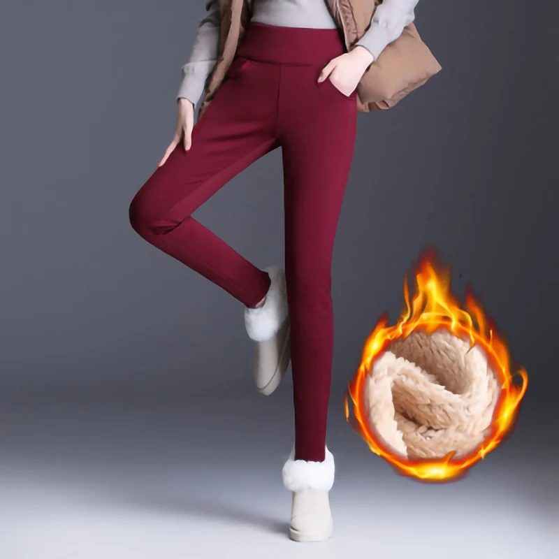 

NORMOV Winter Women Leggings Warm Thick High Elastic Waist Pockets Cotton Leggins Solid Skinny Mujer Leggings Plus Size