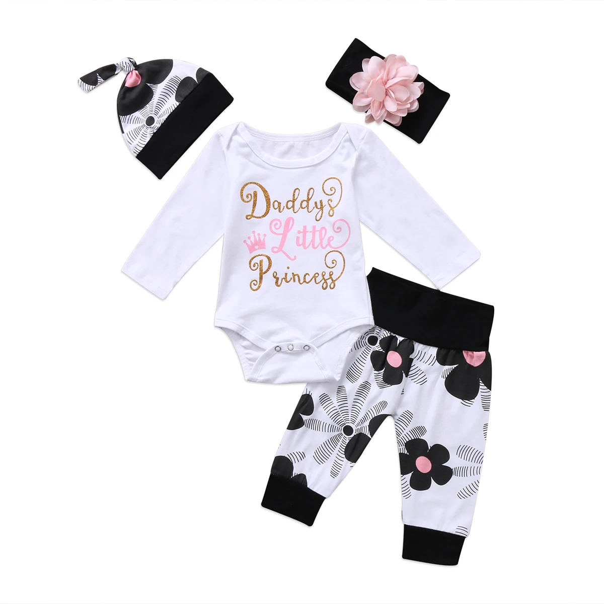 

Newborn Baby Toddler Clothes Long Sleeve Letter Printing Romper Jumpsuit Bodysuit+Flowers Pants+Hair band+Hat Outfits Set 4-Pcs