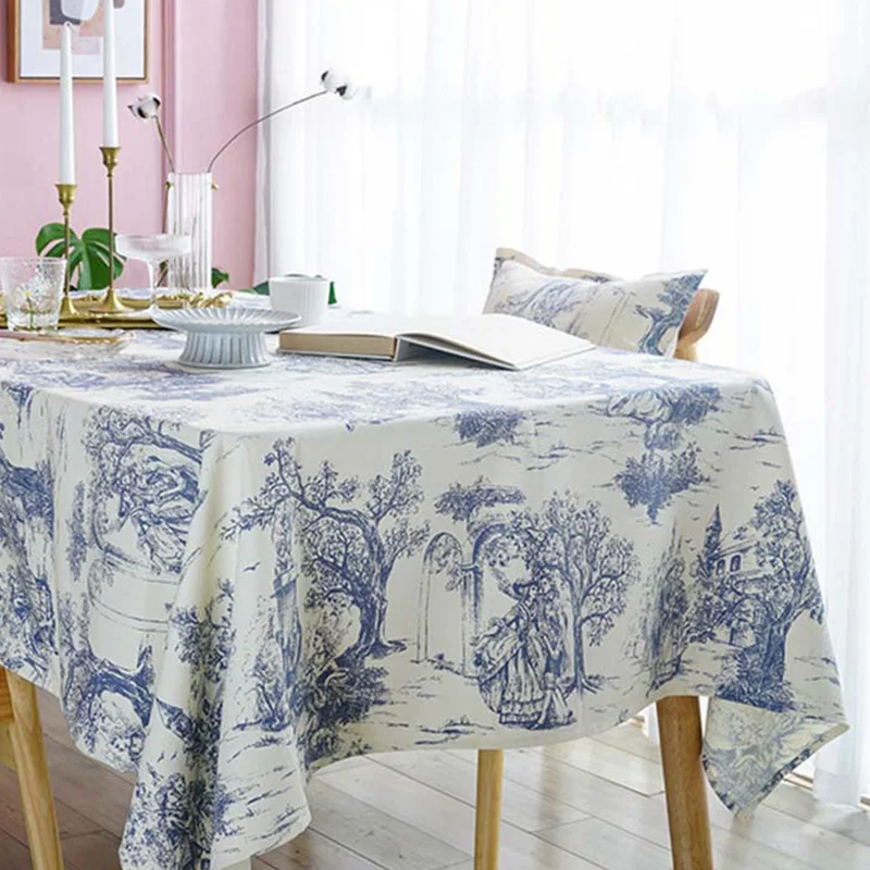 Rustic Tablecloth Classic French Village Blue Printed Linen Fabric Table Cover Rectangle/Oblong for Kitchen & Dining Room TJ7005