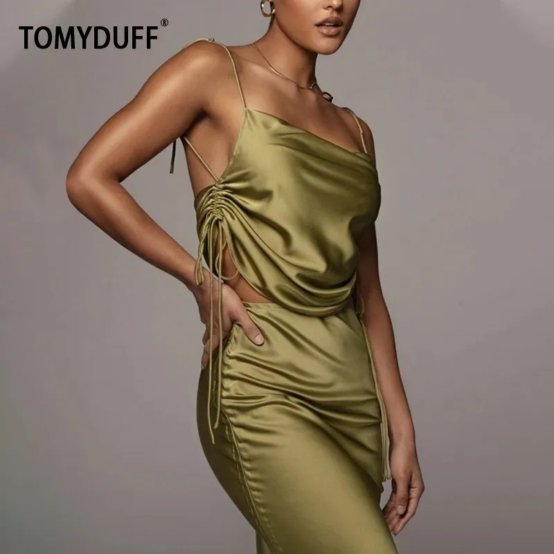 

TOMYDUFF Summer Long Skirts Two Pieces Set Female Fashion Outfit Women Sexy Tie Strap Backless Matching Suit Clothes Sleeveless