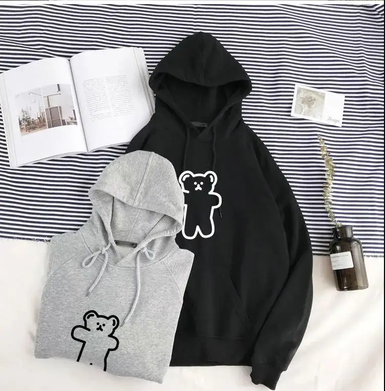 

Winter Long Sleeve Women Sweatshirts Add Velvet Warm Tops Creative Bear Print Hoodies Large Size Harajuku Hooded Sweatshirt