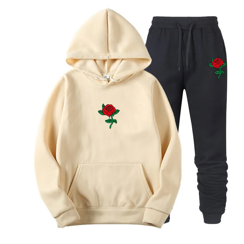 

New 2 Piece Set Of Hoodie + Sweatpants Suit Rose Flower Printed Sportswear Men's And Women's Sweatshirt Suit Fleece Hoodie Pants