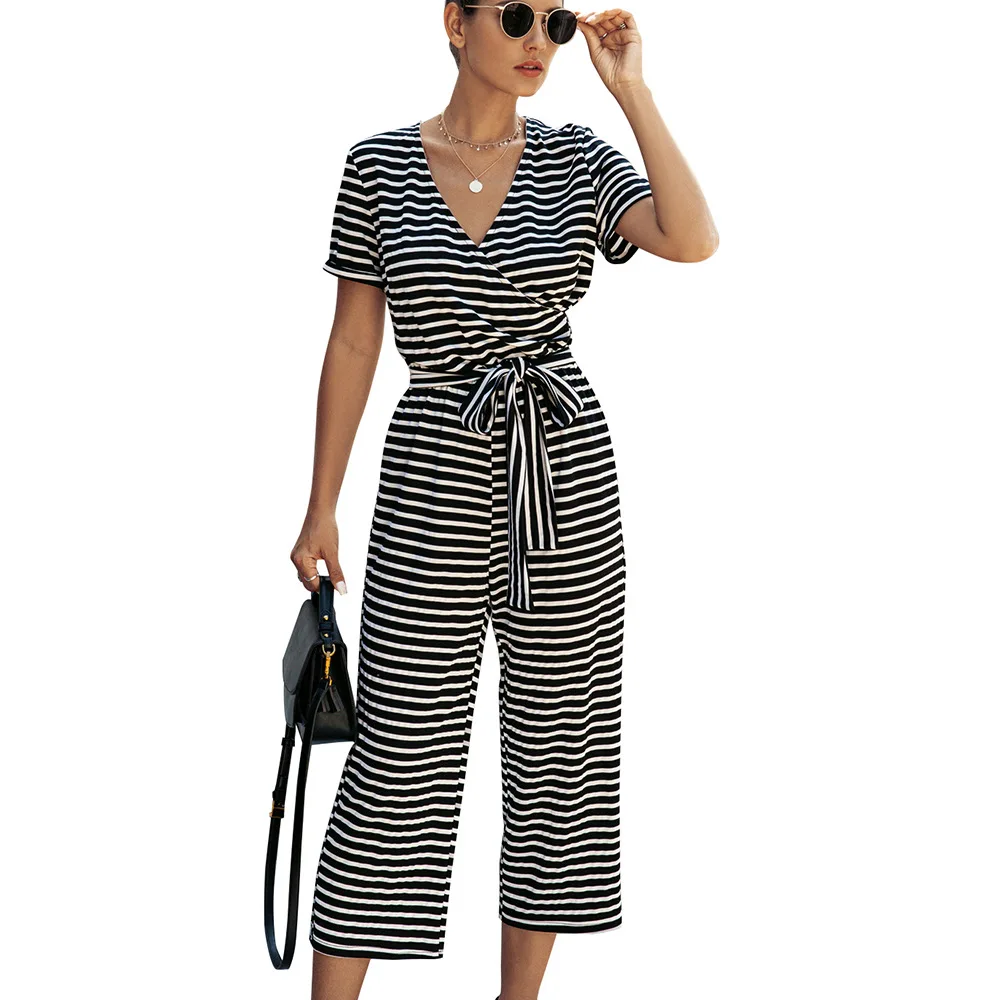 

Women's fashion stripe V-neck short sleeve lace up slim casual women's Jumpsuit