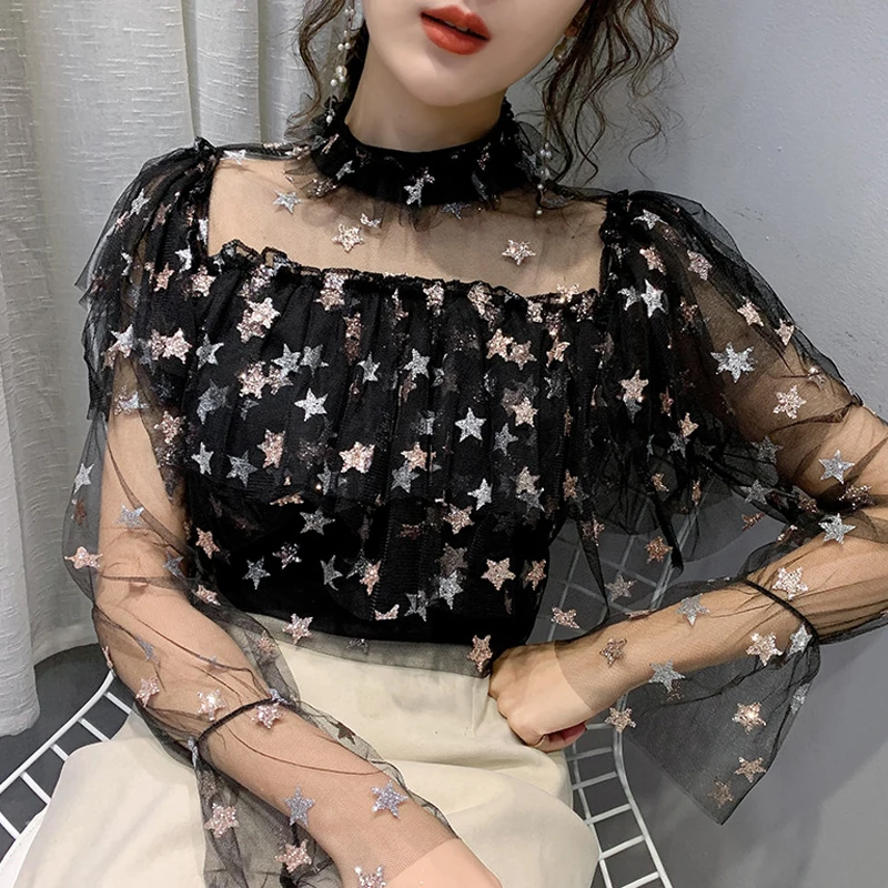 

Long Sleeve Turtleneck Hollow Mesh Print Lace Blouse Shirt Blouse Women Tops Women Blusas Mujer De Moda 2021 Women Clothing